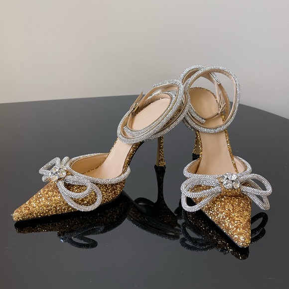 Mach & Mach Double Bow Pointed Toe Pump Gold New Authentic.  No dust bag - Picture 9 of 16